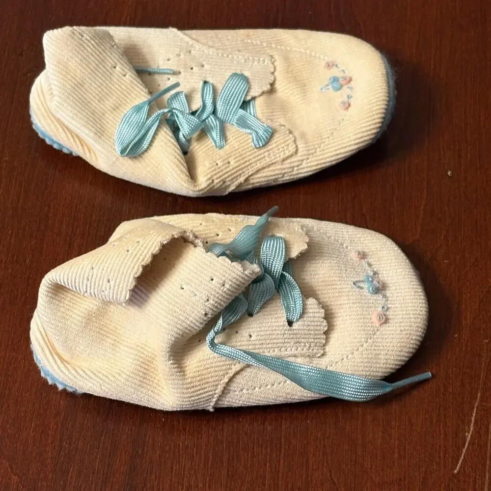 Vintage Cream Corduroy Baby Booties Blue Laces & Floral Embroidery